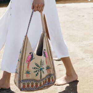 (SOLD) ZARA Beaded Shopper Parrot Ananas Summer Tropical Scene Shoulder Hobo Bag
